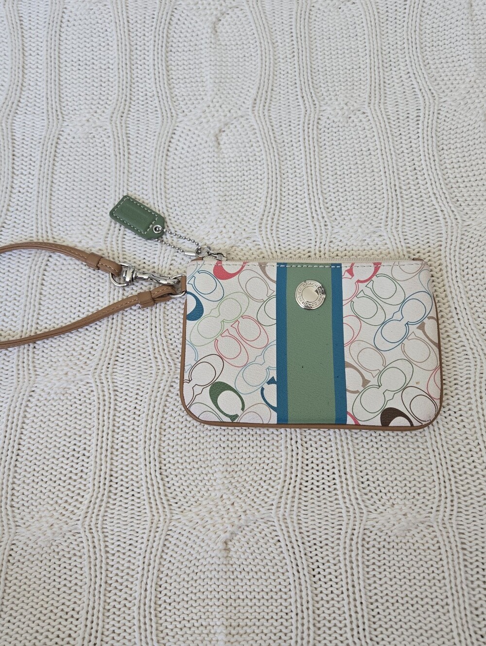 Coach Chelsea Heritage Stripe Cream Multicolor Logo Wristlet Green & Blue Stripe